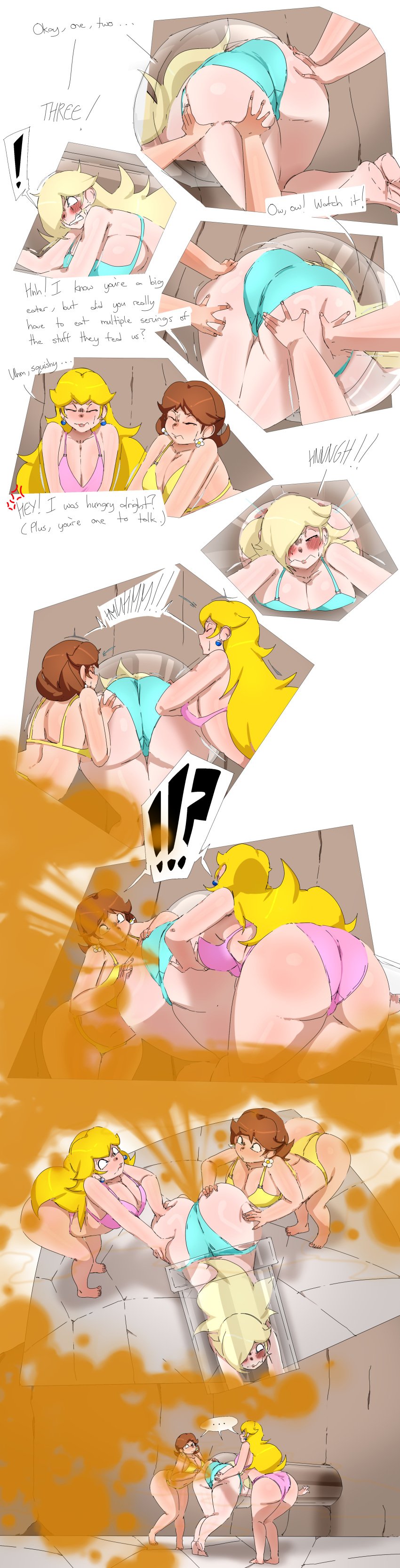 ! !!? ... 3girls above_view ass ass_grab big_ass big_breasts big_butt bikini blonde_hair blue_bikini blue_eyes blush breasts brown_hair cleavage clenched_teeth closed_eyes english_text fart fart_fetish female_only lazei mario_(series) multiple_girls nintendo pink_bikini pipe princess_daisy princess_peach princess_rosalina rear_view shaded side_view smile super_mario_bros. text text_bubble thick_thighs viewed_from_above viewed_from_behind yellow_bikini yuri