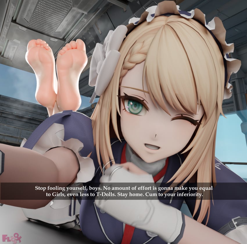 1girls barefeet barefoot blonde_female blonde_hair camera_pov crossed_feet feet feet_crossed feet_fetish feet_focus female_focus female_only female_supremacy femdom femdom_caption floxkkt foot_fetish foot_worship g36_(girls'_frontline) girls'_frontline gloves green_eyes grippers hand_gesture jerk_off_instructions joi looking_at_viewer maid maid_uniform pov snapchat soles soles_female wink winking_at_viewer