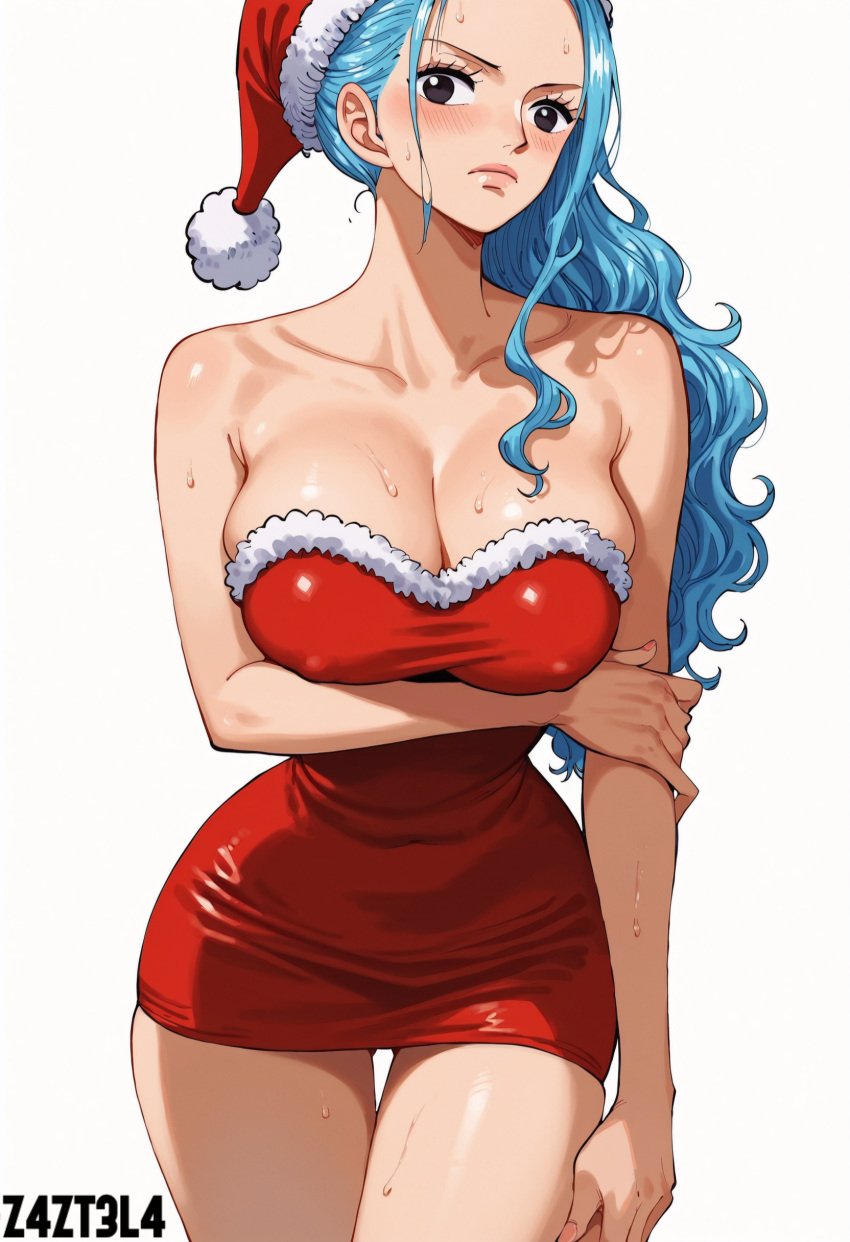 ai_generated alluring ass big_ass big_breasts black_eyes blue_hair blush breasts christmas christmas_clothing christmas_hat christmas_headwear christmas_outfit cleavage earrings female female_only femaleseduction long_hair looking_at_viewer naked nefertari_vivi nefertari_vivi_(one_piece) nude one_piece red_outfit revealing_clothes santa santa_hat santa_outfit seductive seductive_body seductive_eyes short_dress teasing vivi vivi_(one_piece) z4zt3l4