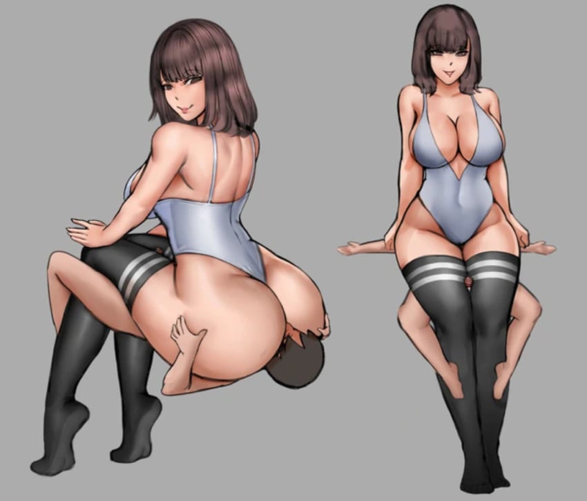 1boy1girl big_ass big_breasts brown_hair facesitting femdom legjob pandak_(artist) size_difference thick_thighs thigh_sex thighhighs