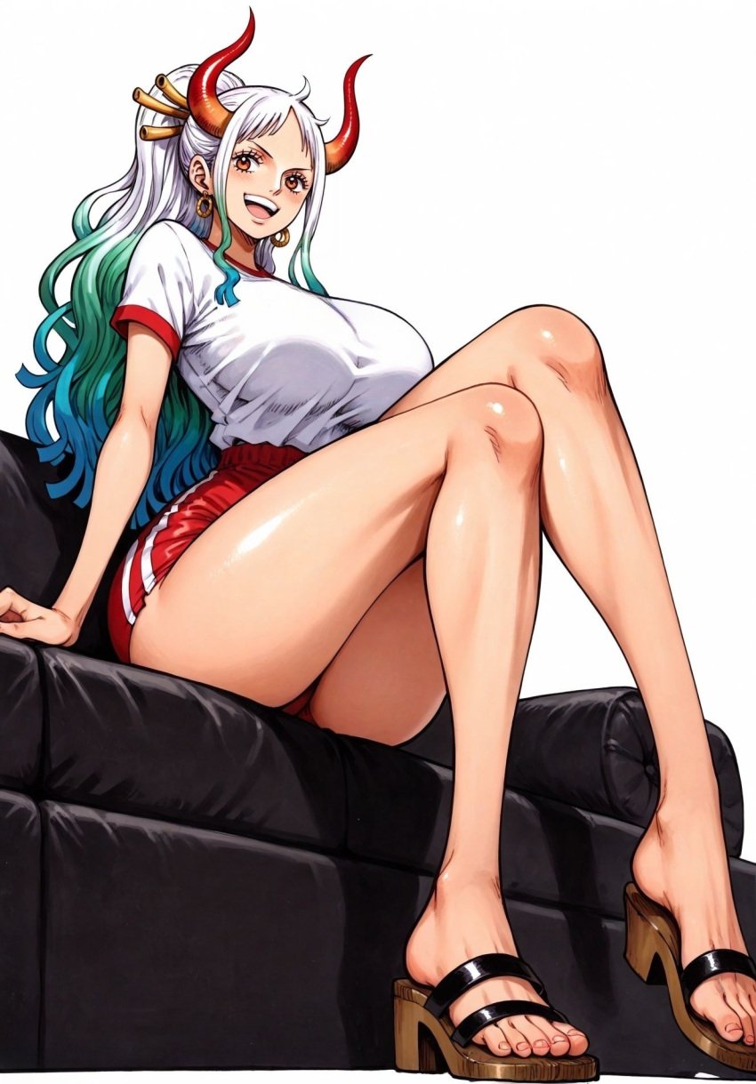 1girls ai_generated alluring almost_naked almost_nude big_breasts blue_hair blush breasts buruma busty earring earrings feet female female_only full_body green_hair gym_uniform hair_ornament horns long_hair looking_at_viewer massive_breasts multicolored_hair one_piece oni oni_female oni_horns open_mouth orange_eyes ponytail seducing seduction seductive seductive_body seductive_eyes seductive_gaze seductive_look seductive_mouth seductive_pose seductive_smile shiny_hair shiny_skin sitting solo voluptuous voluptuous_female white_hair yamato_(one_piece) yashin