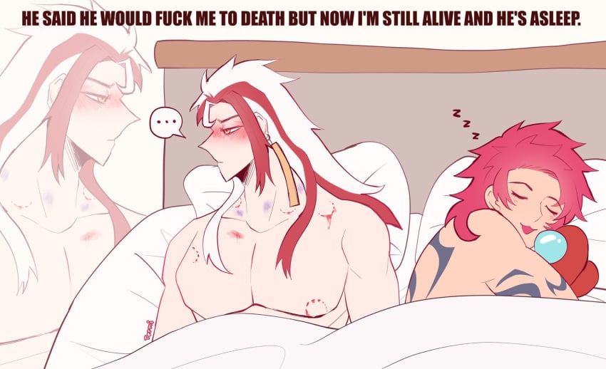 after_sex aftermath among_us among_us_reference bed bite_mark bite_marks blush bruise heartsteel_kayn heartsteel_series heartsteel_yone hot_pink_hair kayn league_of_legends long_hair male_on_male male_only minor_wound muscular muscular_male pink_hair plushie shitpost sleeping smug_face suggestive suggestive_dialogue tattoo two_tone_hair yaoi yellow_eyes yone