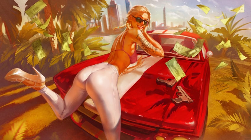 1girls back_view banknote big_ass blonde_hair car grand_theft_auto grand_theft_auto:_san_andreas heels high_heels leaning_forward muscle_car pants realistic skin_tight sunglasses sunny tattoo tinted_eyewear tixnen