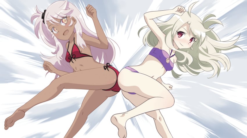 2girls ass ass-to-ass barefoot bikini blonde_hair breasts butt_bump catfight chloe_von_einzbern dark-skinned_female dark_skin emphasis_lines fate/kaleid_liner_prisma_illya fate_(series) feet feet_out_of_frame halterneck highres hip_attack illyasviel_von_einzbern keijo!!!!!!!! long_hair multiple_girls one_side_up parody pink_hair purple_bikini red_bikini red_eyes showers-u side-tie_bikini_bottom small_breasts soles swimsuit toes yellow_eyes