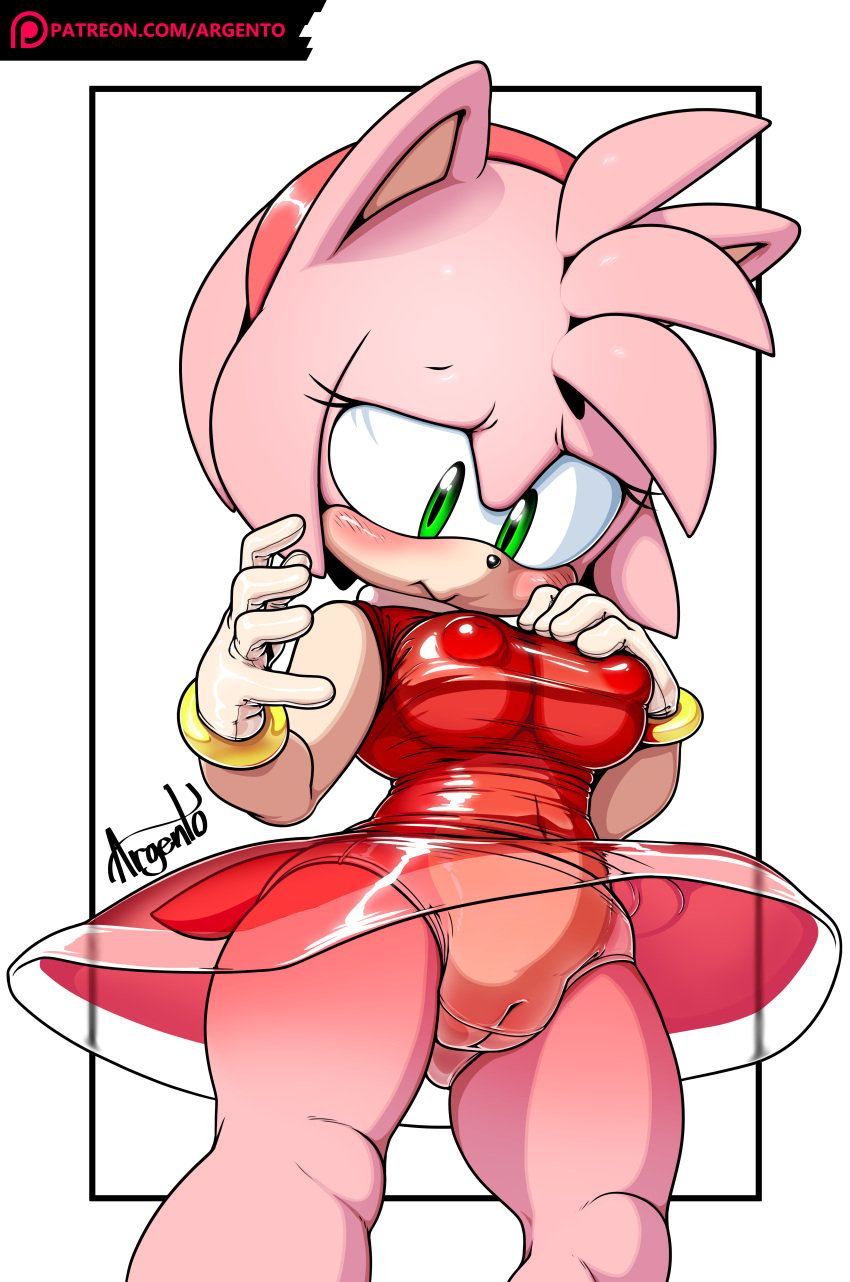 amy_rose argento blush breasts cameltoe clothed clothing dress erect_nipples erection_under_clothes female fur furry furry_only green_eyes hedgehog innie_pussy inverted_nipples nipples panties puffy_nipples pussy pussy_visible_through_clothes sonic_(series) spandex tight_clothing transparent_clothing