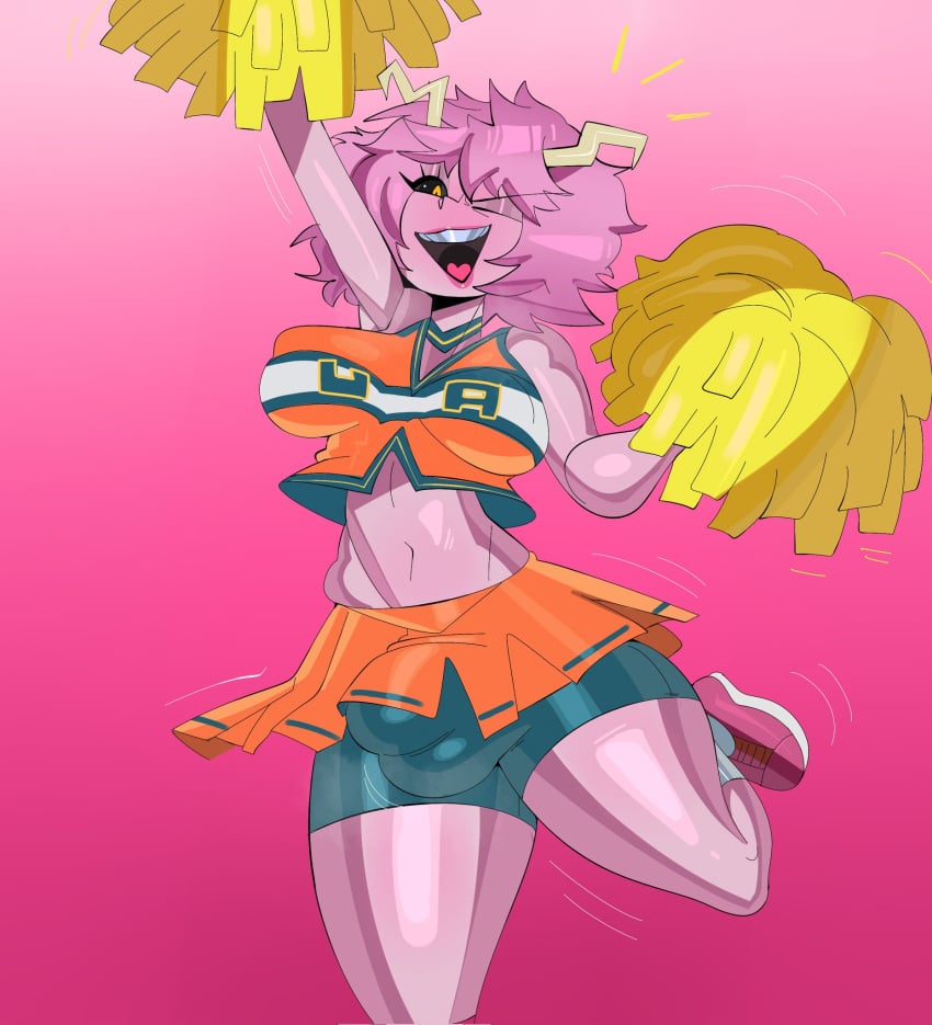 1futa ashido_mina balls_outline balls_under_clothes black_sclera blush boku_no_hero_academia cheerleader cheerleader_outfit cheerleader_uniform clothed clothing erection erection_under_clothes fully_clothed futa_only futanari getting_erect horns mina_ashido my_hero_academia pink_body pink_skin pinky_(my_hero_academia) tayuri