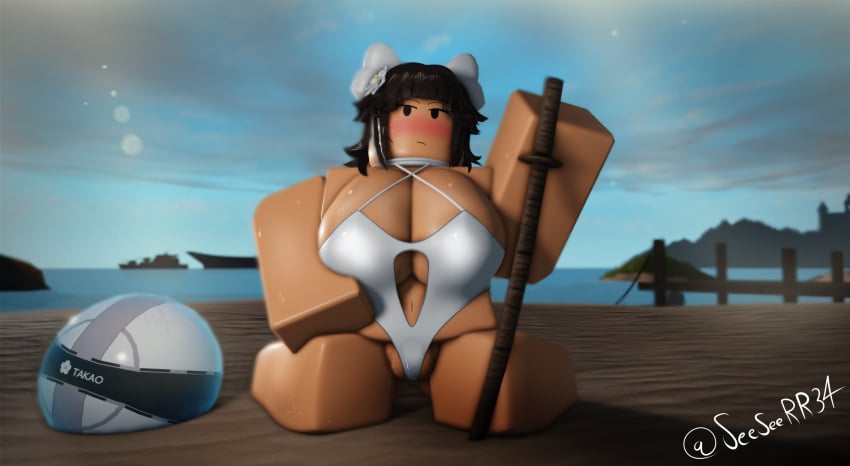 3d azur_lane beach black_hair blush breasts cameltoe female kneeling_on_ground large_breasts legs_apart looking_away puffy_pussy pussy roblox robloxian seesee swimsuit sword tagme takao_(azur_lane) twitter_username