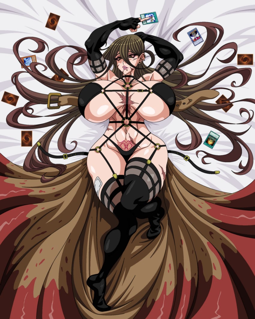 1girls alexis_rhodes alternate_body_type alternate_breast_size armwear athletic_female belt big_breasts blonde_hair blood_stain bondage_gear bra breasts_bigger_than_head card child_bearing_hips choker collar curvy_figure dakimakura dakimakura_design dark_blonde_hair female_focus female_only garter_belt garter_straps gigantic_breasts gloves hands_behind_head hips_wider_than_shoulders holding_card hourglass_figure huge_breasts jiivutorion large_breasts large_hips laying_on_back laying_on_bed legwear long_hair looking_at_viewer massive_breasts massive_thighs pale-skinned_female panties piercing scar scars_all_over seductive_look slim_waist solo_female stockings tattoo tenjouin_asuka thick_thighs tired_eyes trenchcoat voluptuous wide_hips womb_tattoo yu-gi-oh! yu-gi-oh!_gx