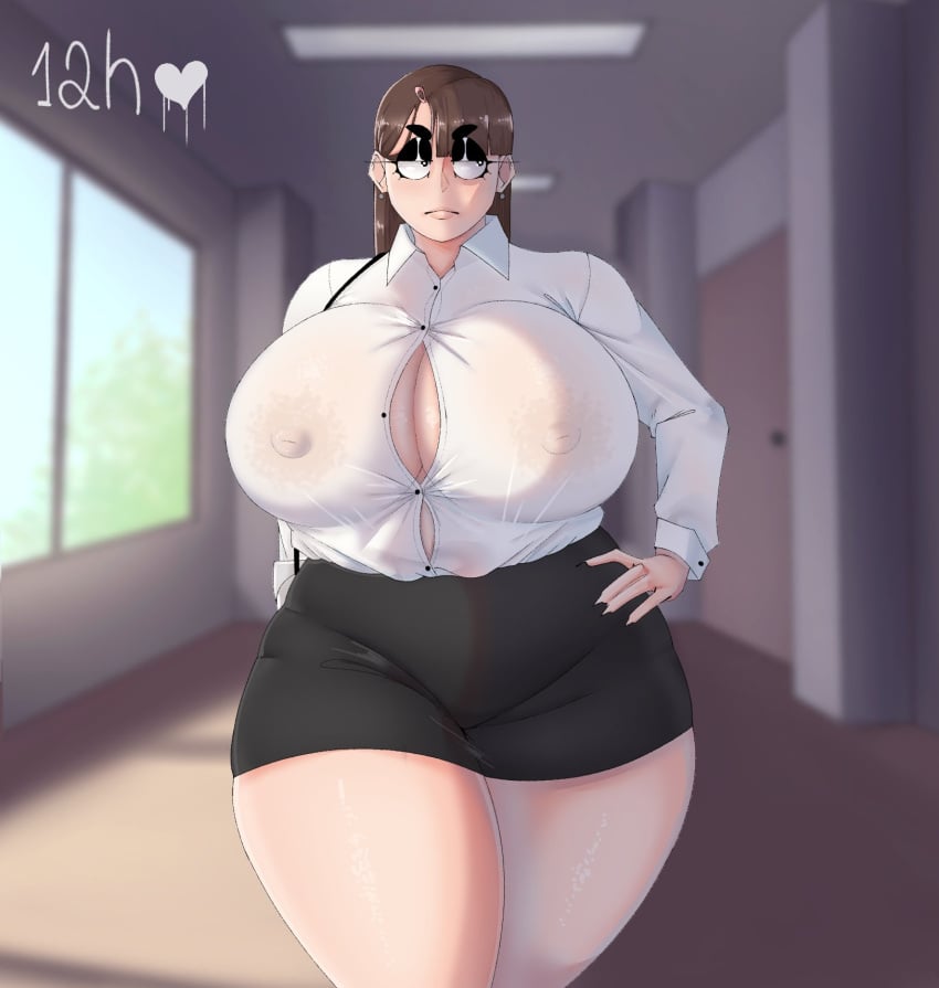 1girls absorption_vore after_vore annoyed annoyed_expression areolae areolae_visible_through_clothing big_areola big_breasts breast_expansion breasts breasts_bigger_than_head brown_hair curvaceous curvy curvy_figure digested digested_prey earrings erect_nipples erect_nipples_under_clothes female female_only female_pred front_view goblitch hand_on_hip huge_breasts long_hair narrowed_eyes nipples_visible_through_clothing no_bra office_lady solo solo_female tagme thick_thighs voluptuous voluptuous_female wardrobe_malfunction wide_hips