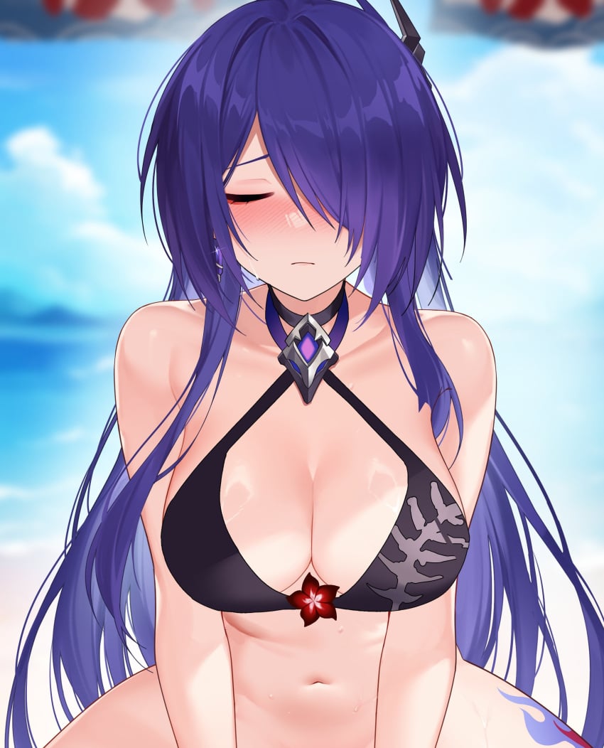 absurdres acheron_(honkai:_star_rail) alternate_costume bare_shoulders bikini bikini_top_only black_bikini black_choker blue_sky blurry blurry_background blush bottomless breasts choker cleavage closed_eyes closed_mouth collarbone commentary day earrings facing_viewer female hair_ornament hair_over_one_eye highres honkai:_star_rail honkai_(series) implied_sex jewelry large_breasts leg_tattoo long_hair navel out-of-frame_censoring outdoors purple_hair shrimp_cake sky solo stomach straight-on swimsuit symbol-only_commentary tattoo very_long_hair