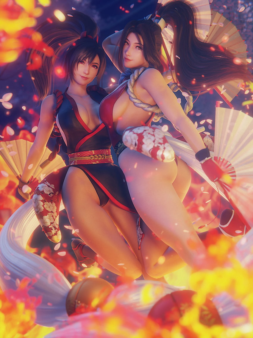 2girls 3d 4k ass black_hair blender breasts brown_eyes brown_hair cameltoe crossover dead_or_alive fatal_fury female female_only final_fantasy final_fantasy_vii final_fantasy_vii_remake hand_fan hi_res high_ponytail highres king_of_fighters kunoichi large_breasts legs light-skinned_female long_hair looking_at_viewer mai_shiranui ponytail red_eyes ria-neearts sideboob sidelocks smile snk square_enix tecmo thighs tifa_lockhart very_long_hair