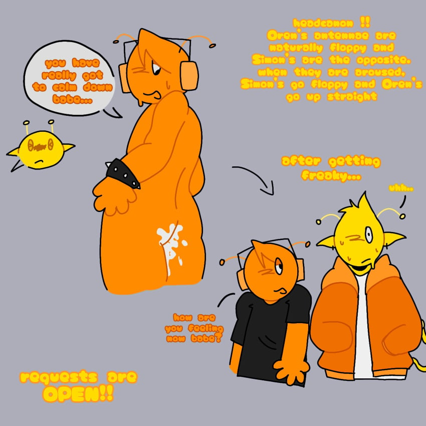 2boys alien alien_boy anal anal_sex antennae_(anatomy) boyfriends clothing_swap cum cum_in_ass cum_inside headphones headphones_on_head incredibox_mod male/male orange_body orange_hair orange_skin oren_(sprunki) simon_(sprunki) smile_ass speech_bubble sprunki yellow_body yellow_hair yellow_skin