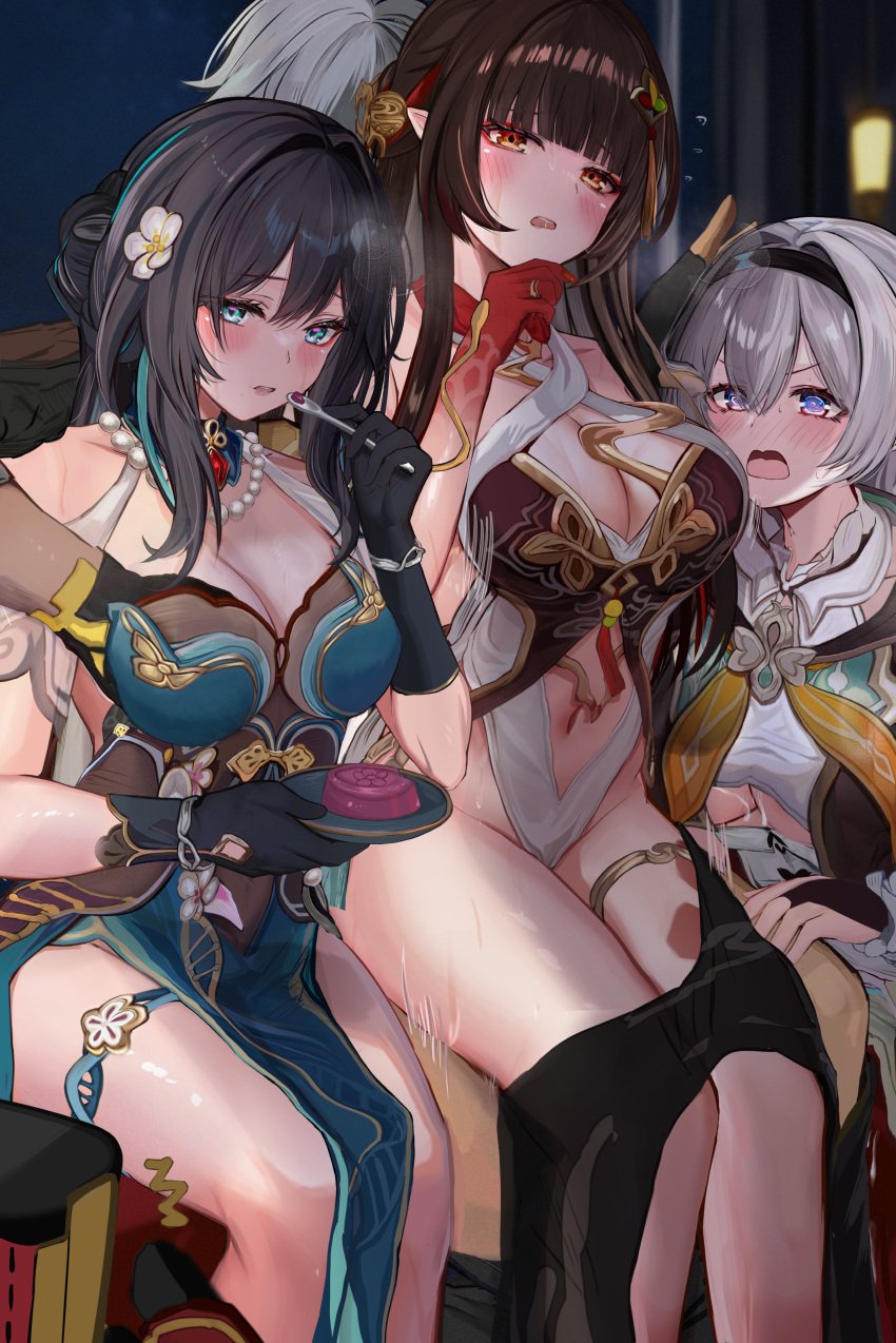 1boy 3girls @_@ absurdres aqua_collar aqua_dress bare_legs black_bridal_gauntlets black_gloves black_hairband blush breasts bridal_gauntlets brown_hair caelus_(honkai:_star_rail) cleavage clothes_pull clothing_cutout colored_extremities commentary_request criss-cross_halter detached_collar dna dress efuri_(riarea00) firefly_(honkai:_star_rail) flower flying_sweatdrops gloves grabbing_another's_breast green_eyes grey_hair groping hair_between_eyes hair_flower hair_intakes hair_ornament hairband halterneck hand_up highres holding holding_spoon honkai:_star_rail honkai_(series) implied_sex large_breasts layered_dress legs lingsha_(honkai:_star_rail) long_hair multicolored_hair multiple_girls navel night night_sky open_mouth orange_eyes outdoors paid_reward_available pants pants_pull parted_lips pointy_ears pom-pom_(honkai:_star_rail) red_hands ruan_mei_(honkai:_star_rail) shirt sidelocks sitting sitting_on_lap sitting_on_person sky spoon stomach stomach_cutout straight streaked_hair thigh_strap trailblazer_(honkai:_star_rail) very_long_hair white_hair white_shirt