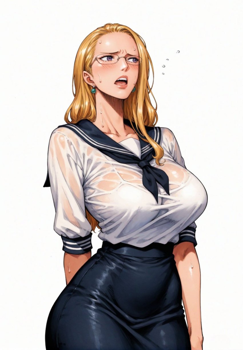 ai_generated alluring almost_naked almost_nude blonde_hair earring earrings female female_only kalifa kalifa_(one_piece) long_hair one_piece open_mouth school_girl school_uniform schoolgirl schoolgirl_uniform seducing seduction seductive seductive_body seductive_eyes seductive_gaze seductive_look seductive_mouth seductive_pose shiny_hair shiny_skin skirt voluptuous voluptuous_female yashin