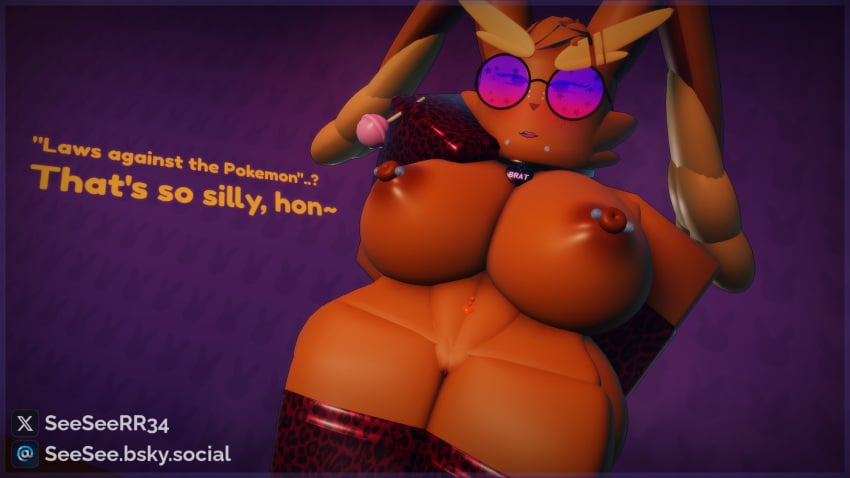 1girls 3d abs anthro anthro_only belly_button_piercing blush breasts bunny_ears chin_piercing collar female_focus furry furry_only glasses gloves hand_on_chin large_breasts legs_together leopard_print leopard_print_thighhighs lollipop lopunny nintendo nipple_piercing nipples nude open_mouth pokemon pokemon_(species) puffy_nipples pussy roblox robloxian seesee text tongue_out