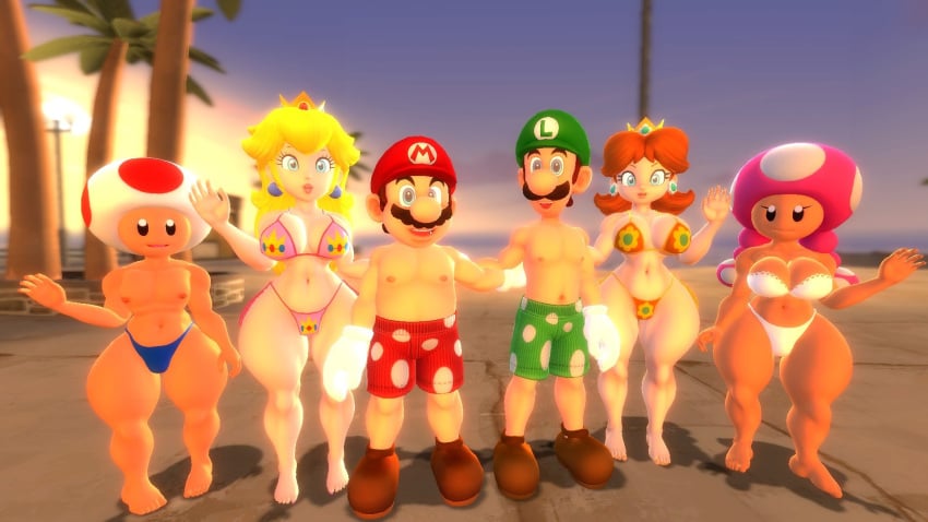 3boys 3d 3girls alternate_version_available beach big_breasts big_thighs bikini black_eyes blonde_hair blue_eyes boots boxers breasts brown_hair cap crown curvy earrings female flower_earrings ginger_hair gloves heels_removed light-skinned_female light-skinned_male light_skin lips lipstick long_hair looking_at_viewer luigi male mario mario_(series) moustache multiple_boys multiple_girls nintendo nipples open_mouth outdoors pink_lipstick princess_daisy princess_peach shoes shoulder_length_hair speedo swimsuit thhypercombine thighs toad_(mario) toadette twintails white_gloves