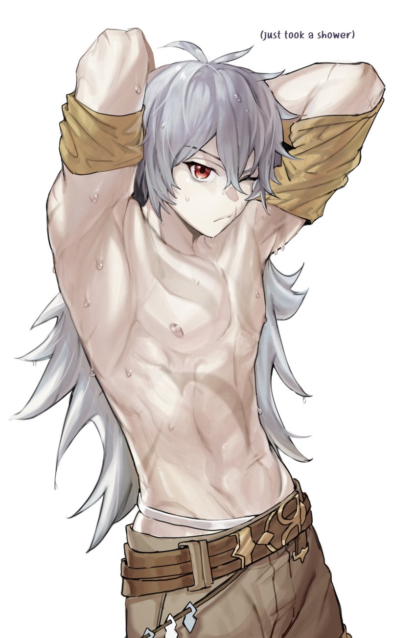 armpits bana_gameg bare_armpits gay gray_hair half_naked male_only midriff navel out_of_shower razor_(genshin_impact) shaved_armpit shirtless showing_armpits silver_hair sweat sweating swetay twink wet