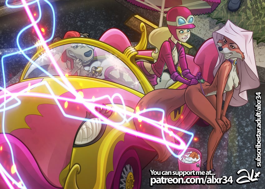 1boy 2girls alx_(fuckit) anthro car disney female female_focus fox_ears fox_girl fox_humanoid fox_tail fur hanna-barbera maid_marian male muttley penelope_pitstop red_fur robin_hood_(disney) steering_wheel tagme wacky_races