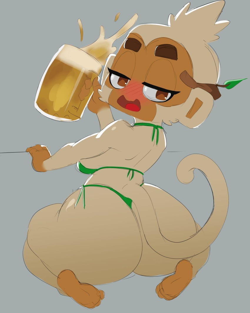 1girls anthro ass beer beer_mug big_ass bloons_tower_defense blush curvy druid_monkey_(bloons) drunk female female_only huge_ass large_ass looking_at_viewer looking_back monkey monkey_girl open_mouth primate the_heking thong white_fur wide_hips