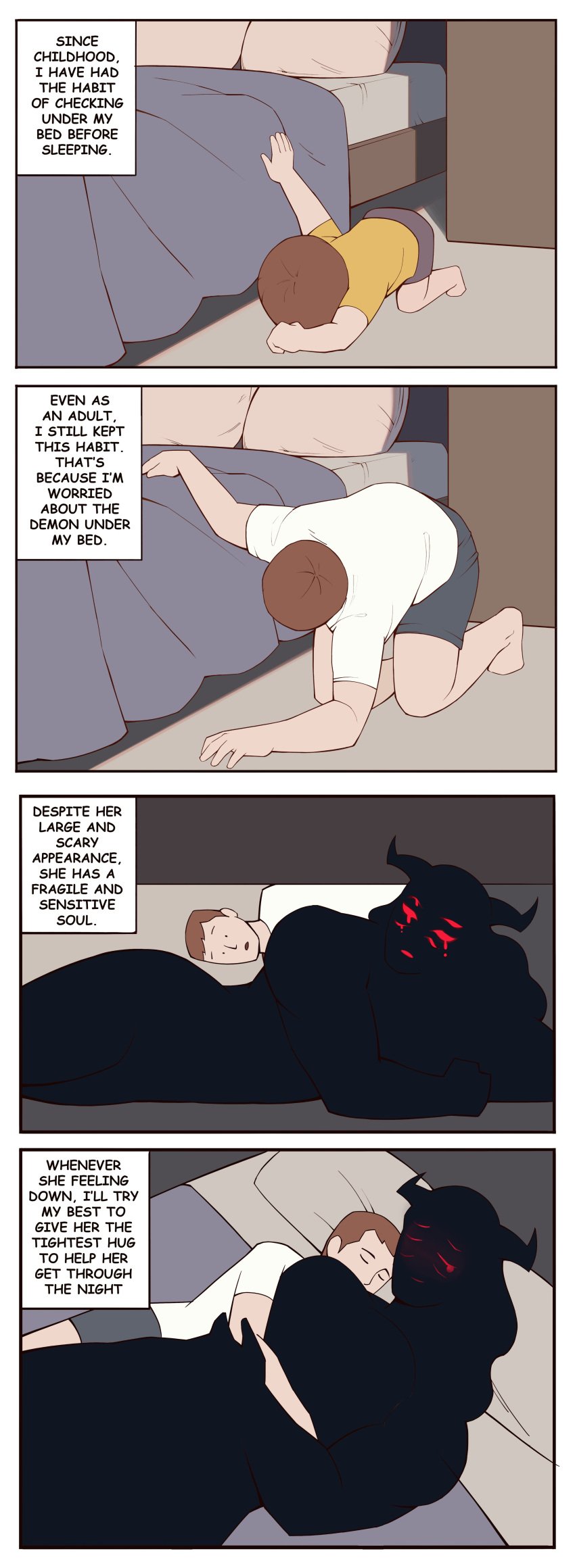 bed bedroom black_skin boonie_baby brown_hair clothed clothed_male crying crying_with_eyes_open cuddle cuddling demon demon_girl monster monster_girl monster_under_your_bed multi_eye original red_eyes short_hair tears voluptuous voluptuous_female wholesome