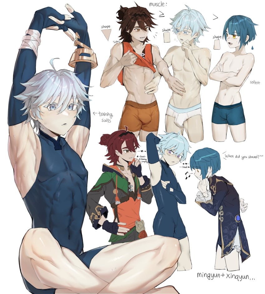 3boys abs armpits bana_gameg bare_armpits blue_eyes blue_hair bodysuit boxers briefs briefs_only bulge bulge_through_clothing chongyun_(genshin_impact) embarrassed femboy gaming_(genshin_impact) gay genshin_impact half_naked hourglass_figure love_triangle male_only midriff navel penis_bulge red_hair shaved_armpit shirtless thick_thighs tight_clothing tighty_whities twink underwear v-line v_shape xingqiu_(genshin_impact)