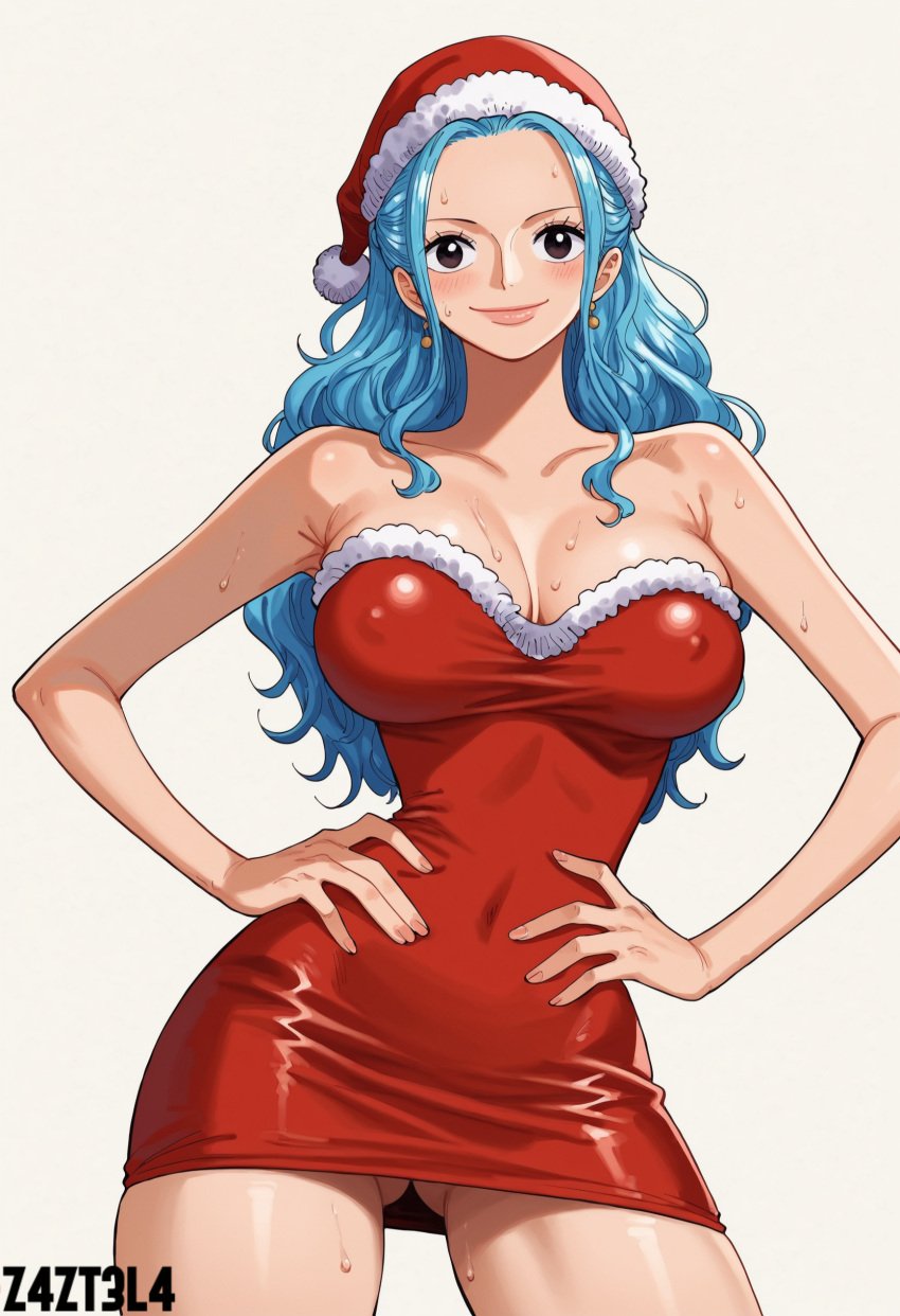 ai_generated alluring ass big_ass big_breasts black_eyes blue_hair blush breasts christmas christmas_clothing christmas_hat christmas_headwear christmas_outfit cleavage earrings female female_only femaleseduction long_hair looking_at_viewer naked nefertari_vivi nefertari_vivi_(one_piece) nude one_piece red_outfit revealing_clothes santa santa_hat santa_outfit seductive seductive_body seductive_eyes short_dress teasing vivi vivi_(one_piece) z4zt3l4