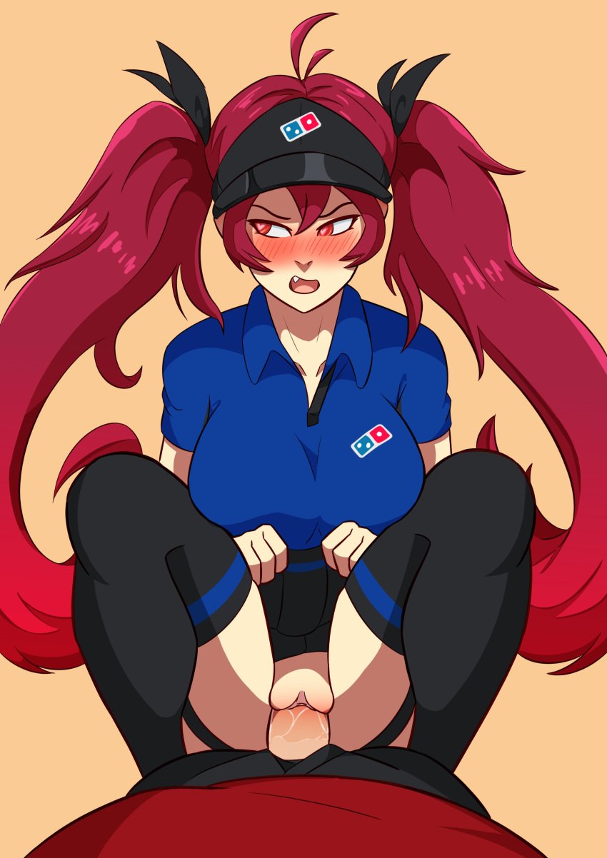 clothed_sex domino's_pizza employee_uniform hornyjaillifer long_hair male_pov pov sex skirt_lift twintails upskirt vaginal_penetration