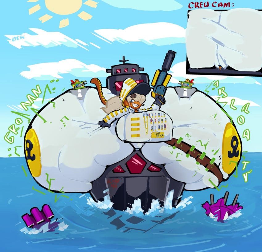 1girls admiral_brickell anthro ass_bigger_than_body bloons_td_6 bloons_tower_defense boat btd6 clothed color colored errantheart giantess huge_ass huge_breasts hyper hyper_ass hyper_breasts macro monkey monkey_girl ocean onomatopoeia smiling