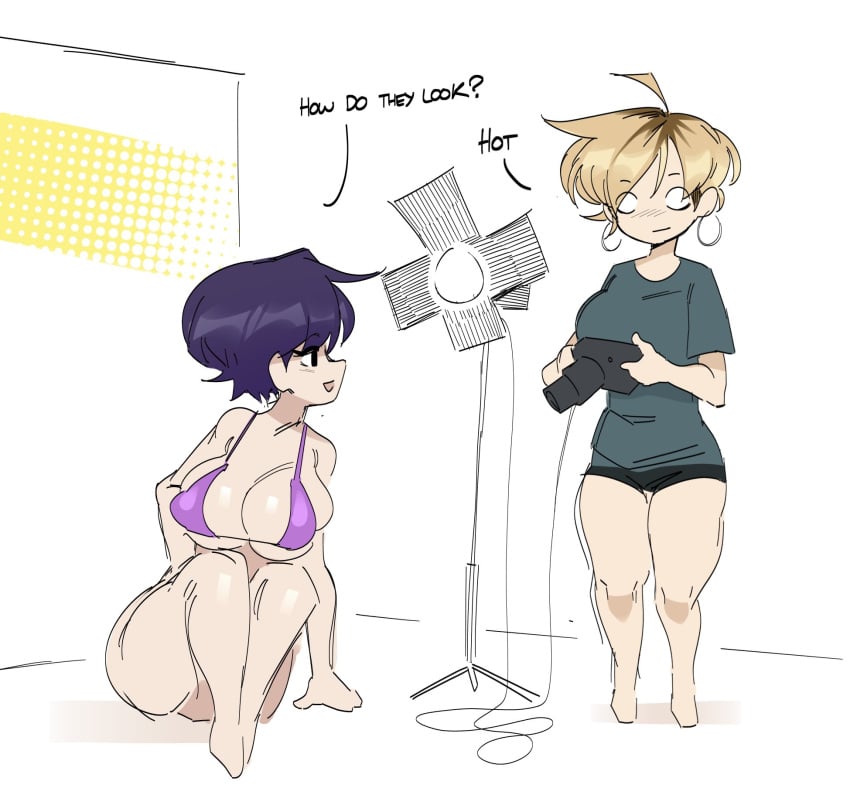 2girls ano_(anor3xia) anor3xia bikini blonde_hair camera koi_(koianimations) photoshoot purple_hair