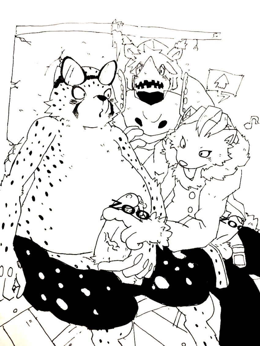 2016 absurdres anthro armor belly black_nose blush canine cheetah chita claws dhole english_text eyewear feline fur furry glasses group handjob highres japanese kasai male mammal monochrome musical_note oogami oumagadoki_zoo penis precum rhinoceros sex simple_background skunktail_m slightly_chubby speech_bubble spots spotted_fur text tongue tongue_out topless vein veiny_penis yaoi