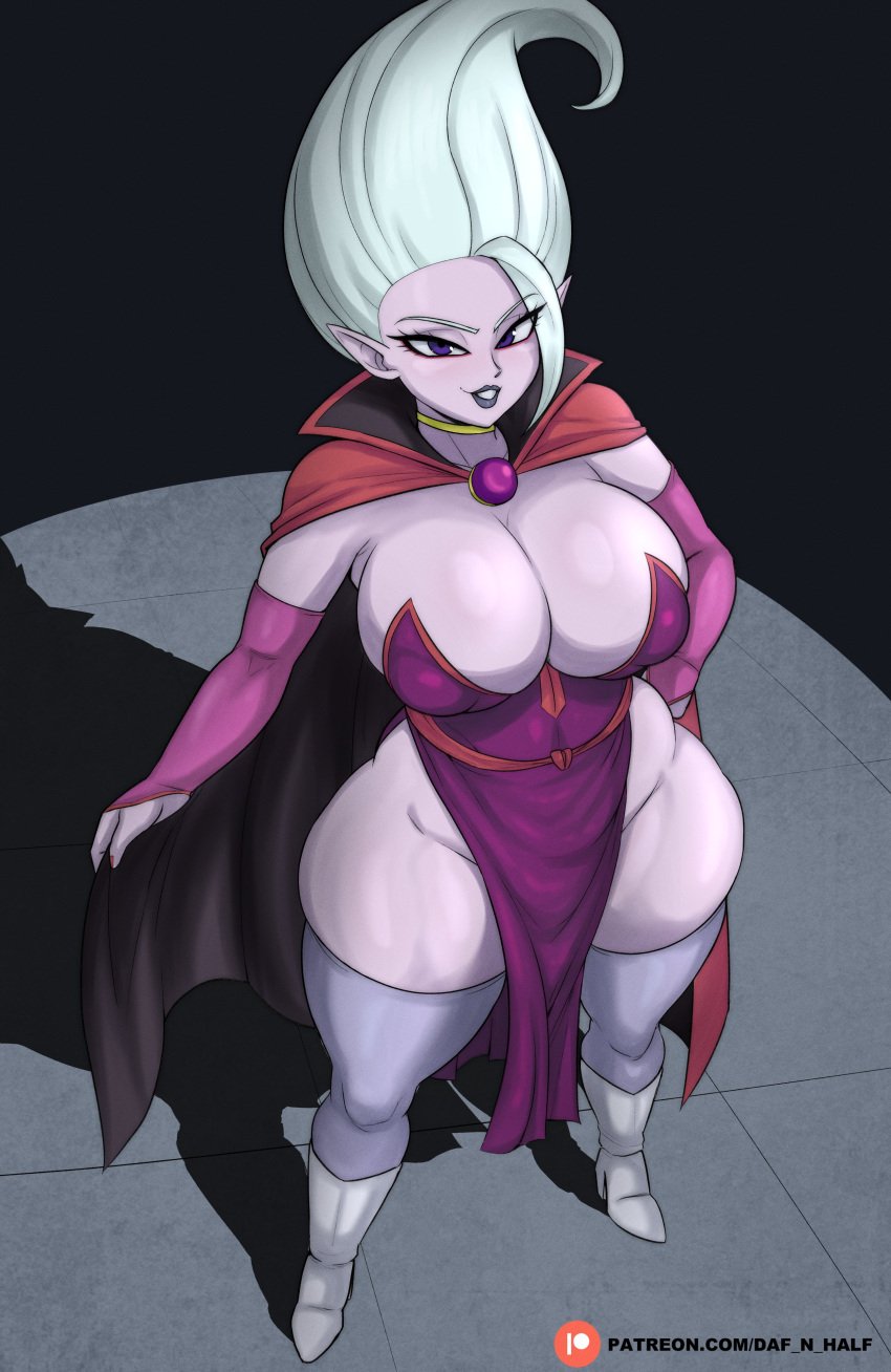 1girls big_breasts black_lips black_lipstick breasts cape cleavage daf_n_half dr._arinsu dragon_ball dragon_ball_daima female female_only footwear full_body hair heels high_heels hips huge_breasts legwear lips lipstick onidere pelvic_curtain pointy_ears purple_eyes solo solo_female thick_thighs thighs white_hair white_thighhighs