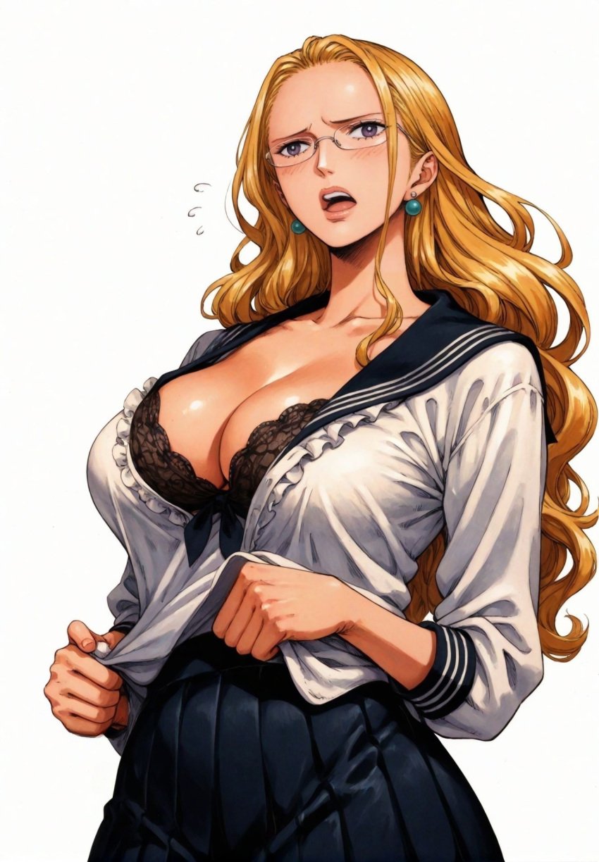 ai_generated alluring almost_naked almost_nude blonde_hair earring earrings female female_only kalifa kalifa_(one_piece) long_hair one_piece open_mouth school_girl school_uniform schoolgirl schoolgirl_uniform seducing seduction seductive seductive_body seductive_eyes seductive_gaze seductive_look seductive_mouth seductive_pose shiny_hair shiny_skin skirt voluptuous voluptuous_female yashin