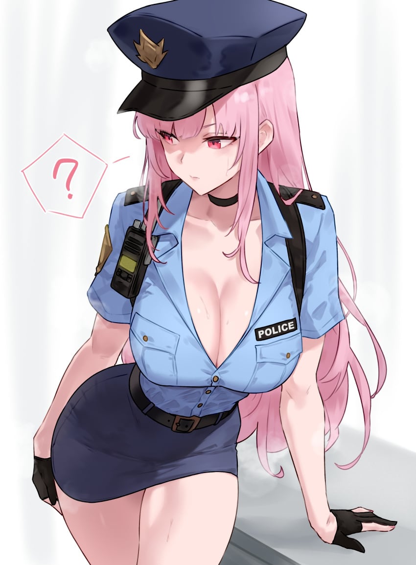 1girls alternate_costume big_breasts bluefield breasts busty choker cleavage gloves hips hololive hololive_english hololive_myth large_breasts light-skinned_female light_skin mori_calliope pink_eyes pink_hair police police_hat police_officer police_uniform policewoman skirt spoken_question_mark thighs virtual_youtuber