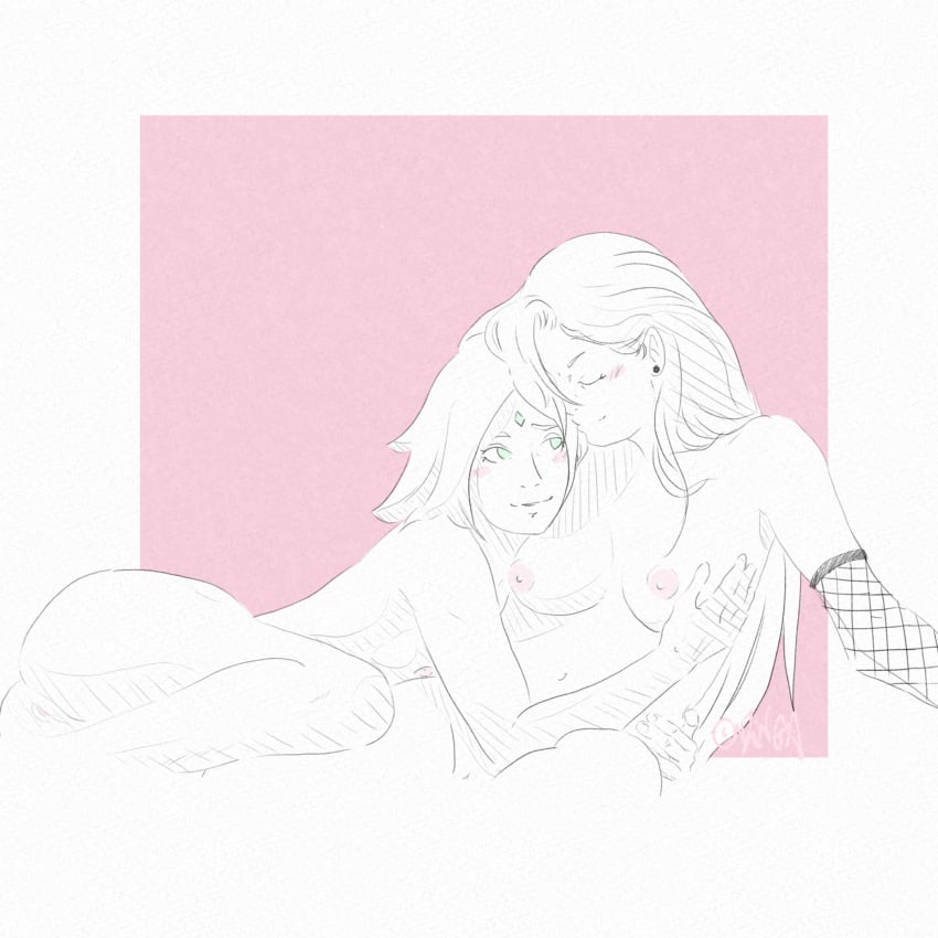 2girls blush breasts candy_chocolate cuddling female female_only ino_yamanaka long_hair naruto naruto:_the_last naruto_(series) nipples nude romantic sakura_haruno short_hair thighs yuri