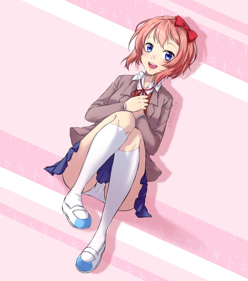 1female 1girls artifedex blue_eyes blue_skirt bow doki_doki_literature_club female female_only hair_bow hairbow panties pantyshot pantyshot_(sitting) red_bow red_hair_bow red_hairbow sayori_(doki_doki_literature_club) sitting skirt strawberry_blonde_hair white_panties