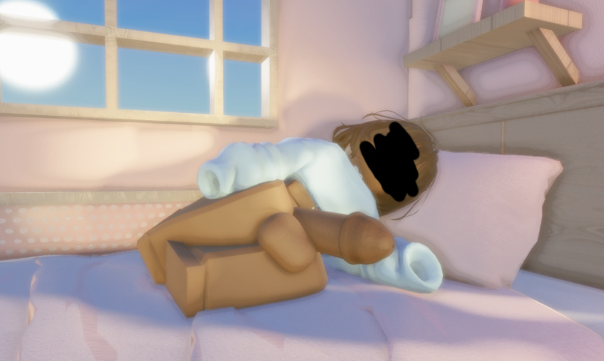 1futa 3d artist_request bed bedroom censored_face dark_skin dickgirl futa_only half-dressed head_on_pillow hidden_face laying_on_side lying morning_wood roblox robloxian solo_futa source_request sunlight tagme