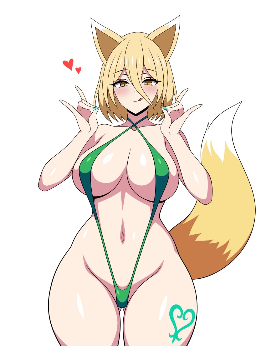 1girls 2d bare_shoulders belly belly_button big_breasts blonde_hair blush breasts cleavage female fox_ears fox_girl fox_sign fox_tail green_nail_polish green_nails heart heart hearts_around_head kudamaki_tsukasa licking_lips looking_at_viewer nail_polish shiny_clothes shiny_hair shiny_skin slingshot_swimsuit solo source ssaf ssaf52913778 ssaf_seibeupail standing swimwear swimwear_only tattoo tattoo_on_legs tattoo_on_thigh thick_thighs thighs touhou white_background yellow_eyes