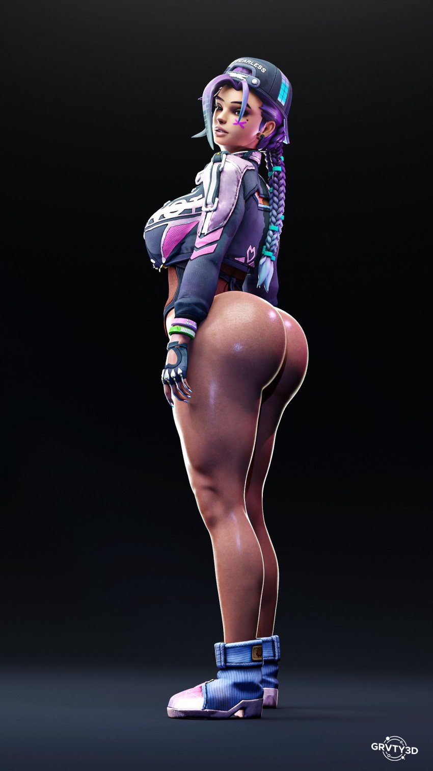 1girls 2024 3d 3d_(artwork) artist_name ass ass_focus asymmetrical_bangs backwards_baseball_cap baseball_cap big_breasts boots booty bottom_heavy bottomless braid braided_hair breasts bubble_butt curvaceous curvy curvy_female curvy_figure dark-skinned_female dark_skin ear_piercing face_paint facial_mark female female_only fingerless_gloves footwear from_side full_body gloves grvty3d hat headwear huge_ass jacket long_hair looking_at_viewer mexican mexican_female mole mole_under_eye multicolored_hair overwatch overwatch_2 purple_eyes purple_hair shiny_skin side_view simple_background solo sombra standing voluptuous voluptuous_female wide_hips