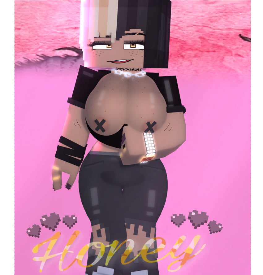 3d black_and_blonde_hair breasts_out female honey_(theactualhoney) mine-imator minecraft pasties theactualhoney