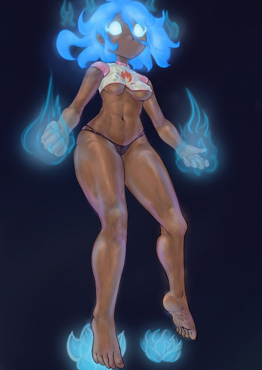 1girls amphibia anne_boonchuy barefoot blue_hair female flaming_hair glowing_eyes nipples_visible_through_clothing simone_carter small_breasts solo solo_female thick_thighs thong tight_clothing tight_shirt toned toned_body toned_female toned_legs toned_stomach