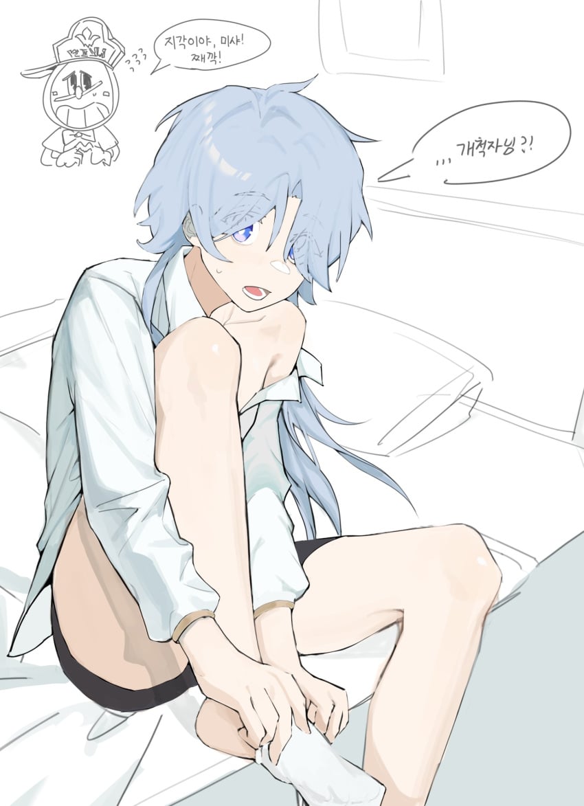 bana_gameg blue_eyes blue_hair femboy getting_dressed misha_(honkai:_star_rail) soft_skin soft_thighs surprised twink underwear