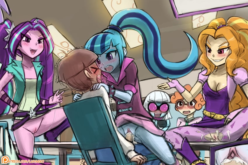 1boy 2017 5girls adagio_dazzle after_sex aria_blaze being_watched belt blue_hair blue_skin blush bottomless camera cleavage clitoris clothed_female clothed_sex crotchless cum cum_in_pussy cum_inside cumming equestria_girls exhibitionism female friendship_is_magic glasses gloves hasbro lumineko male my_little_pony no_panties nudity orange_hair orgasm orgy partial_nudity penis phone photo_finish_(mlp) ponytail public_nudity public_sex purple_eyes purple_hair purple_skin pussy pussy_juice rainbow_rocks recording scribble_dee sex shirt skirt smiling sonata_dusk straddling straight sweat the_dazzlings torn_clothes two_tone_hair vaginal_penetration vulva watching wiz_kid