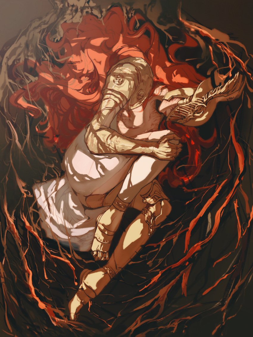 1girls breasts elden_ring erect_nipples female female_only fetal_pose fetal_position fromsoftware malenia_blade_of_miquella nipples nude nude_female red_hair