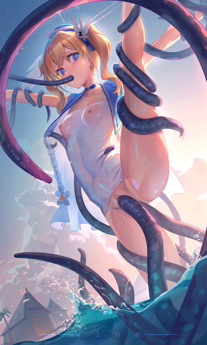 anal artist_name bangs barbara_(genshin_impact) barbara_(summertime_sparkle)_(genshin_impact) blonde_hair blue_choker blue_eyes blue_headwear blue_ribbon breasts choker collarbone consensual_tentacles covered_navel crotch_cutout crotchless double_penetration female genshin_impact hair_between_eyes hair_ribbon heart heart-shaped_pupils hei_huo_chong highres hut leg_up long_hair nipples nipples_visible_through_clothing nun official_alternate_costume one-piece_swimsuit oral palm_tree partially_submerged pussy rape restrained_by_tentacles ribbon sarong see-through_swimsuit sky small_breasts spread_legs swimsuit symbol-shaped_pupils tentacle tentacle_in_ass tentacle_in_mouth tentacle_in_pussy tentacle_sex tentacles_around_arms tentacles_around_legs tree twintails uncensored vaginal_penetration wet wet_clothes wet_swimsuit