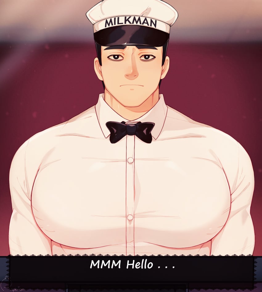 bara clothing english_text francis_mosses male male_only milkman muscular_male pecs rapbitan text that's_not_my_neighbor tight_clothing