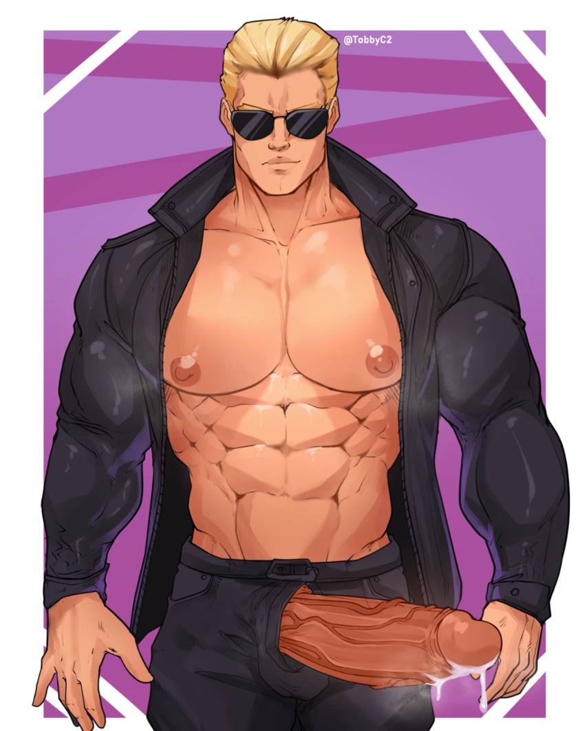 1boy abs albert_wesker artist_name bara barazoku bare_chest big_penis clothed clothed_male cum cum_drip large_pectorals large_penis male male_focus muscular muscular_abs muscular_male nipples open_jacket pecs penis penis_through_fly resident_evil six_pack solo solo_male tobbyc2 uncensored veiny veiny_penis yaoi