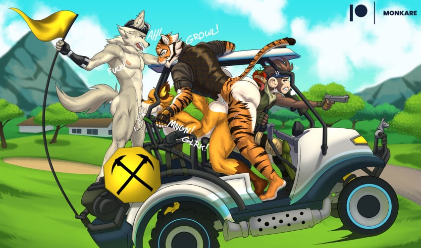 anal anal_sex angry anthro ass balls big_butt blush bodily_fluids canid canine canis car clothed clothing cum cum_inside detailed_background digital_media_(artwork) english_text epic_games erection felid fennix_(fortnite) fortnite fox fur genital_fluids genitals group group_sex gun hair haplorhine headgear holding_gun holding_object holding_ranged_weapon holding_weapon huge_butt humanoid_genitalia humanoid_penis inside_car kareca male male/male male_penetrated male_penetrating male_penetrating_male mammal monkare_(kareca) monkey muscular muscular_anthro muscular_male nude onomatopoeia open_mouth oral orange_body orange_fur oscar_(fortnite) outside pantherine pecs penetration penile penis plant primate ranged_weapon red_fox sex smile sound_effects stripes tail teeth text thick_thighs threesome tiger tongue topwear trio true_fox vehicle weapon wendell_(fortnite) white_body white_fur wolf