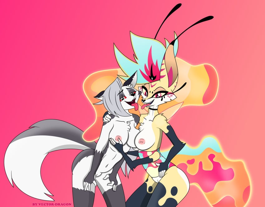 ahe_gao anthro breast_play breasts canid canid_demon canine demon duo female female/female hellhound helluva_boss hi_res looking_at_viewer looking_pleasured loona_(helluva_boss) mammal multi_arm multi_limb mythological_canine mythological_creature mythology queen_bee-lzebub_(helluva_boss) vector-brony