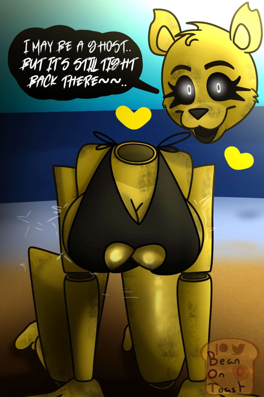 anthro beach beanontoast bikini black_bikini disembodied_head ghost_girl gold_(metal) golden_freddy_(fnaf) robot tagme