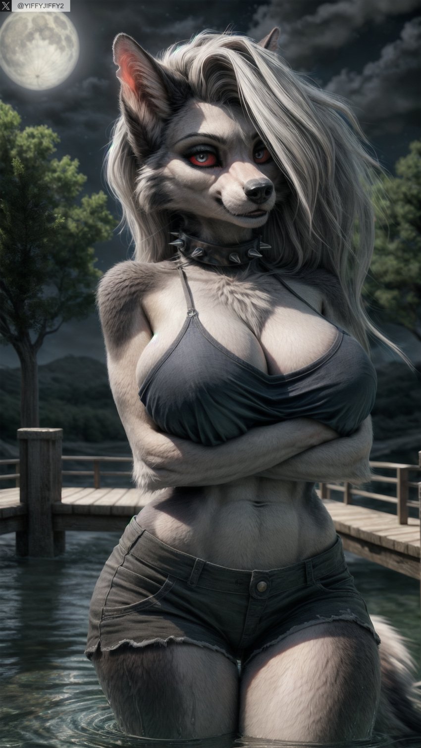 ai_generated animal_ears anthro artist_name black_shorts body_fur breasts cleavage cloud collar colored_sclera cowboy_shot crop_top crossed_arms denim_shorts female female_anthro fence full_moon furry furry_female helluva_boss hi_res high_resolution highres large_breasts long_hair looking_at_viewer loona_(helluva_boss) midriff moon navel night night_sky outdoors photorealistic realistic red_eyes short_shorts shorts sky snout solo spiked_collar spikes stable_diffusion standing stomach tail tree twitter twitter_username wading water watermark white_fur white_hair wolf_ears wolf_girl wolf_tail yiffyjiffy2 yiffyjiffy69
